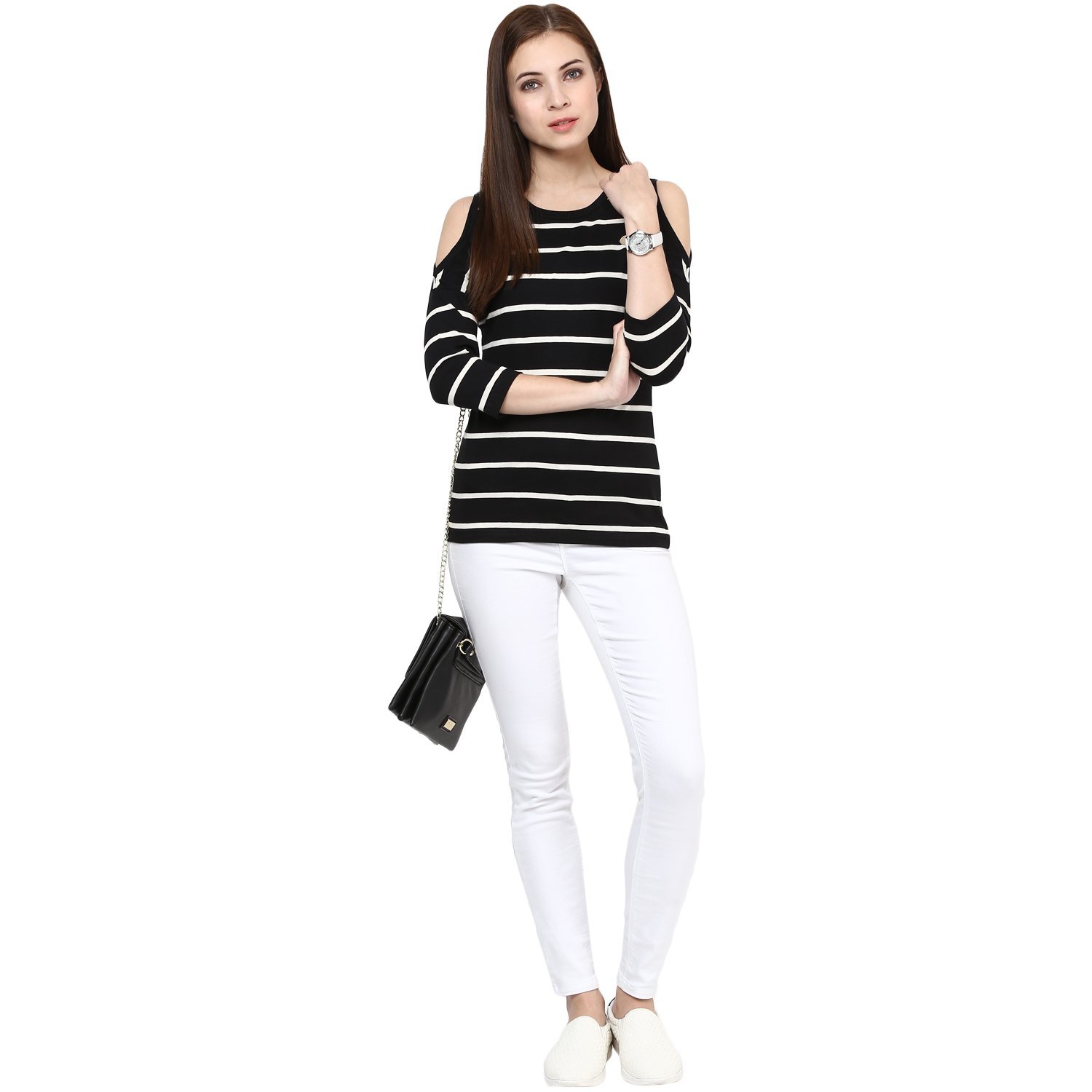 hypernation black and white stripe round neck cotton t-shirt for women