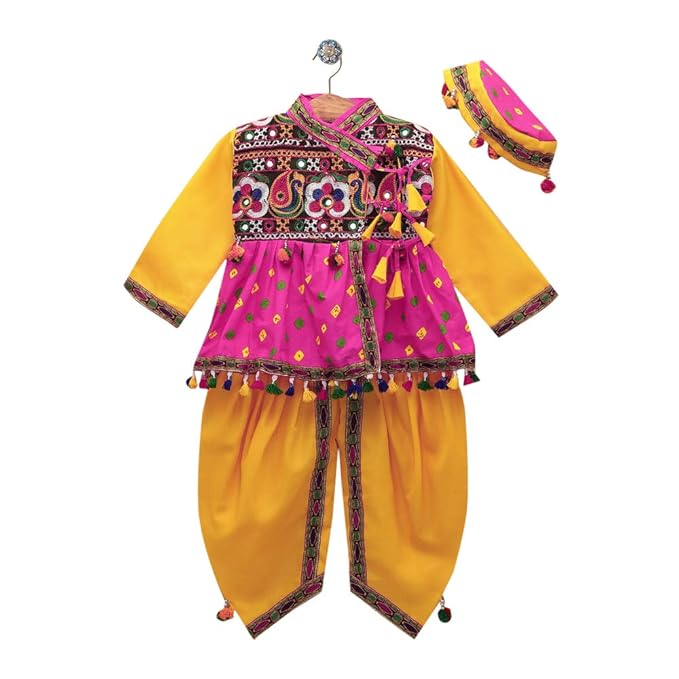 Bownbee By Hopscotch Boys 100% Cotton Full Sleeve Bandhani Kedia Dhoti Dress In Pink Color