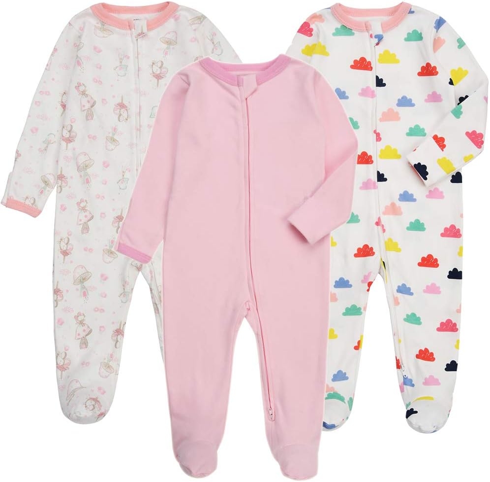 Baby Footed Pajamas with Mittens - 3 Packs Infant Girls Boys Footie Onesies Sleeper Newborn Cotton Sleepwear Outfits