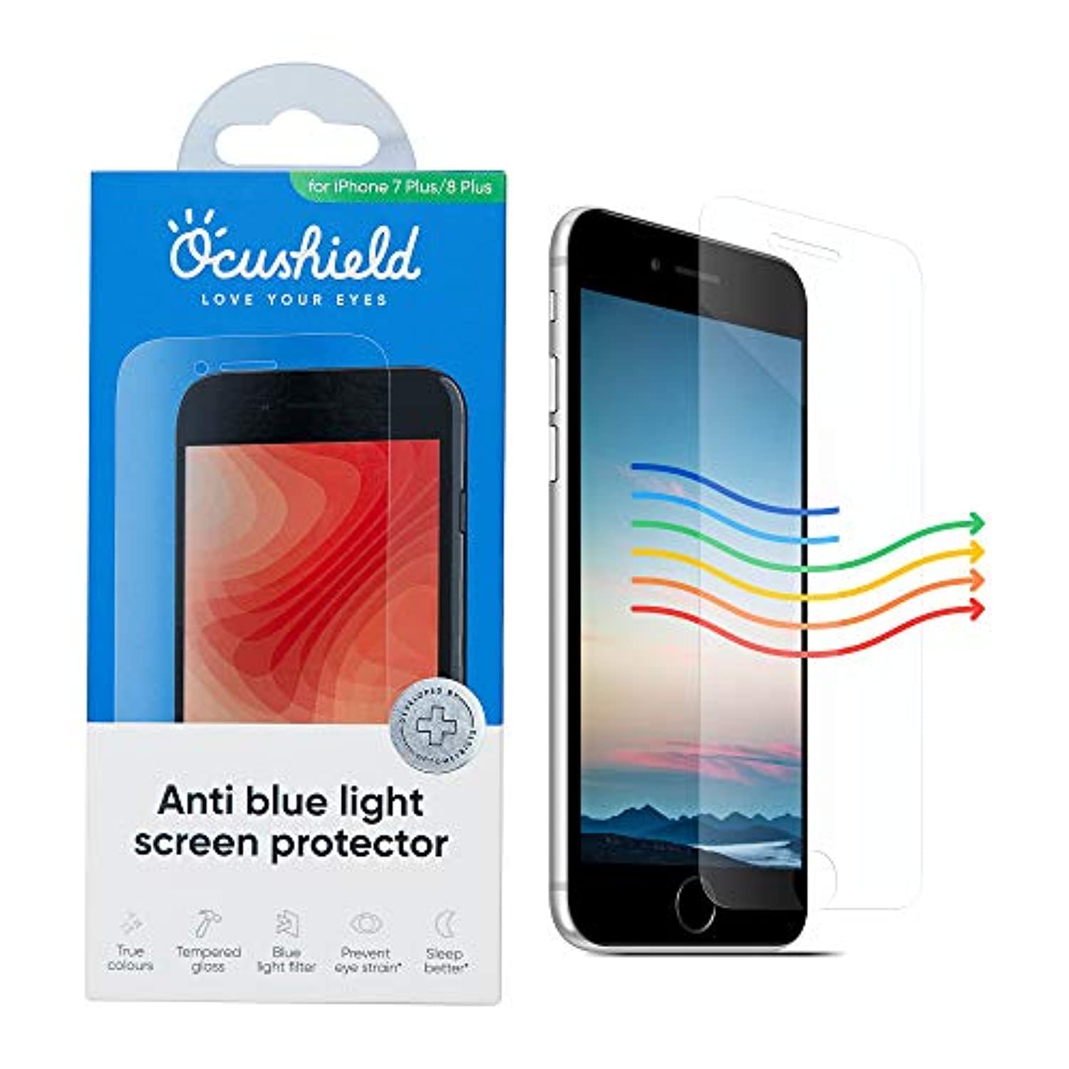 Ocushield Anti Blue Light Tempered Glass Screen Protector for iPhone 7 Plus | iPhone 8 Plus - Protect Your Eyes Reduce Migraines & Improve Sleep — image 1