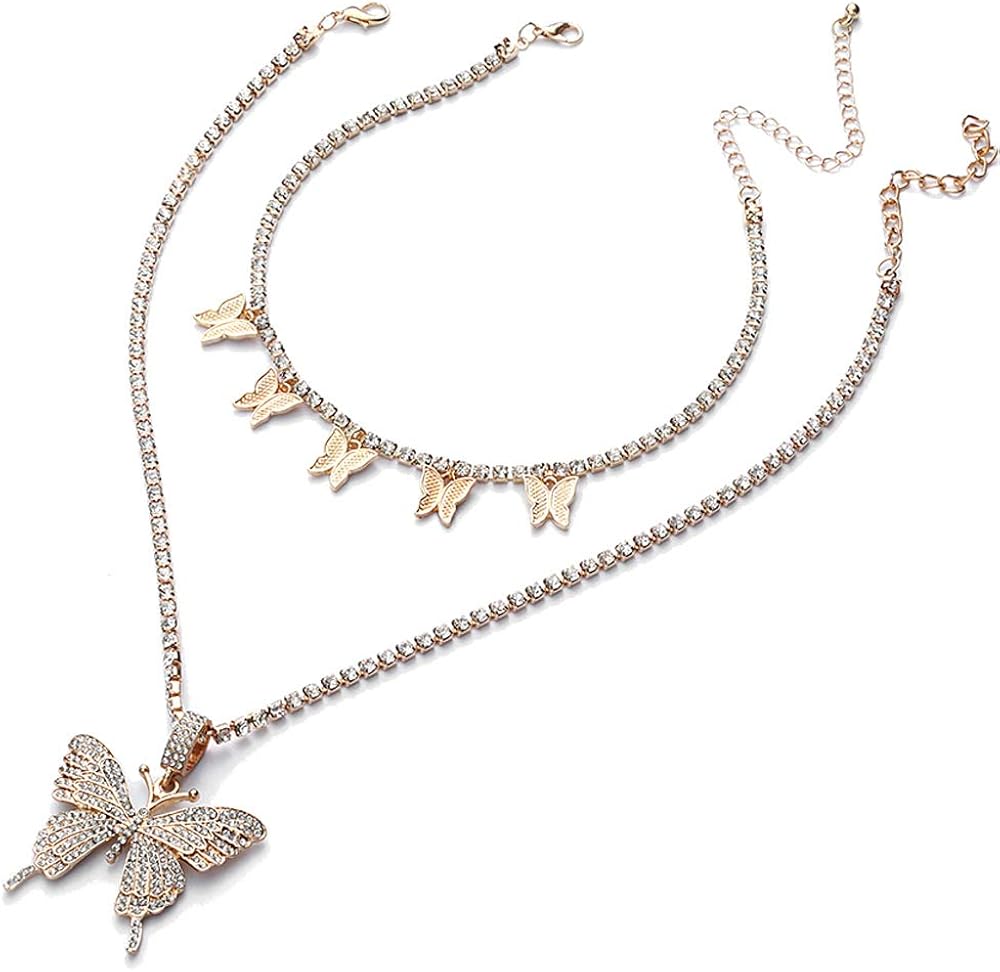 Download Amazon Com Xy Fancy Butterfly Necklace Women Jewelry Sets Hip Hop Style Diamond Mounted Double Layer Choker Jewelry