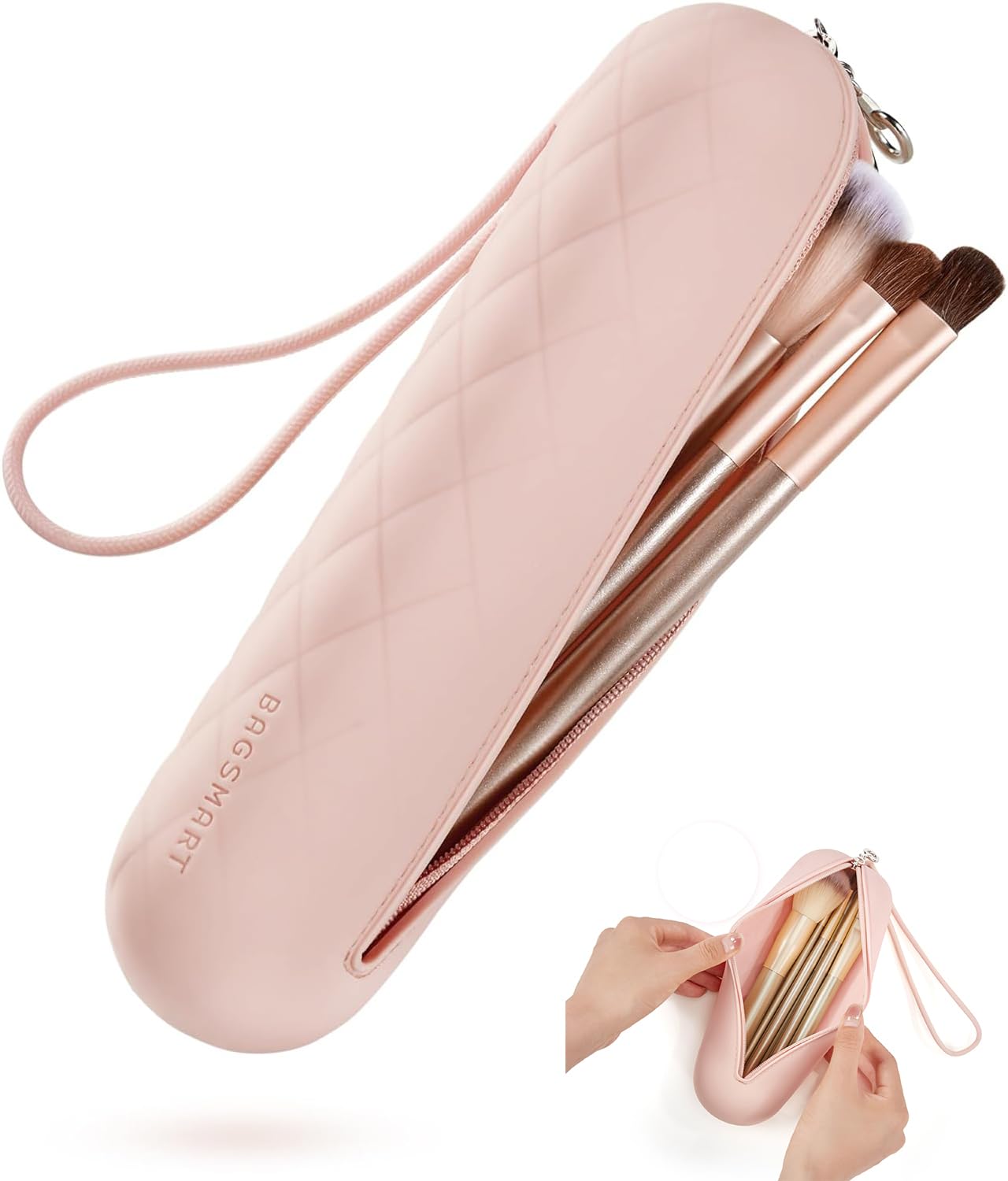 BAGSMART Makeup Brush Holder Bag, Travel Small Makeup Bag for Purse, Make Up Brush Bag Case Cosmetic Bag, Silicone Soft Portable Face Brushes Travel Essentials Organizer Holder, Pink