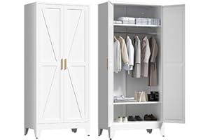 Washsemba 71'' Farmhouse Metal Wardrobe Cabinet with Hanging Rod, 2 Barn Door Wardrobe Closet with 2 Adjustable Shelves,for Dining Room,Bedroom,Living Room, Cloak Room,Office (White)