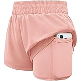WIFFGO Girls Athletic Shorts Elastic High Waist 2 in 1 Shorts with Side Pockets Running Workout Sports for Teen Kids