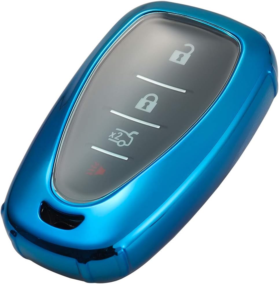 Lcyam Key Fob Cover Metallic Glossy Tpu Protection Case Compatible with 2019 2020 2021 Chevrolet Bolt Blazer RS Equinox Traverse Chevy Camaro Cruze Malibu Spark Sonic Volt (Blue)