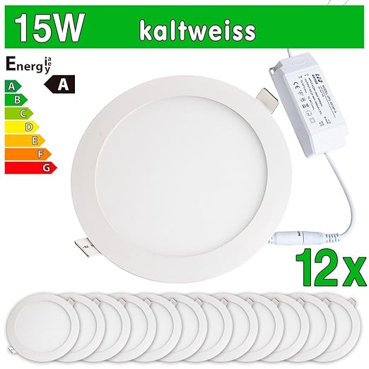 LEDVero 12x Ultraslim LED Panel SMD 2835, 15 W, rund Deckenleuchte Lampe Einbau Leuchte Licht Strahler, kaltweiß SP81