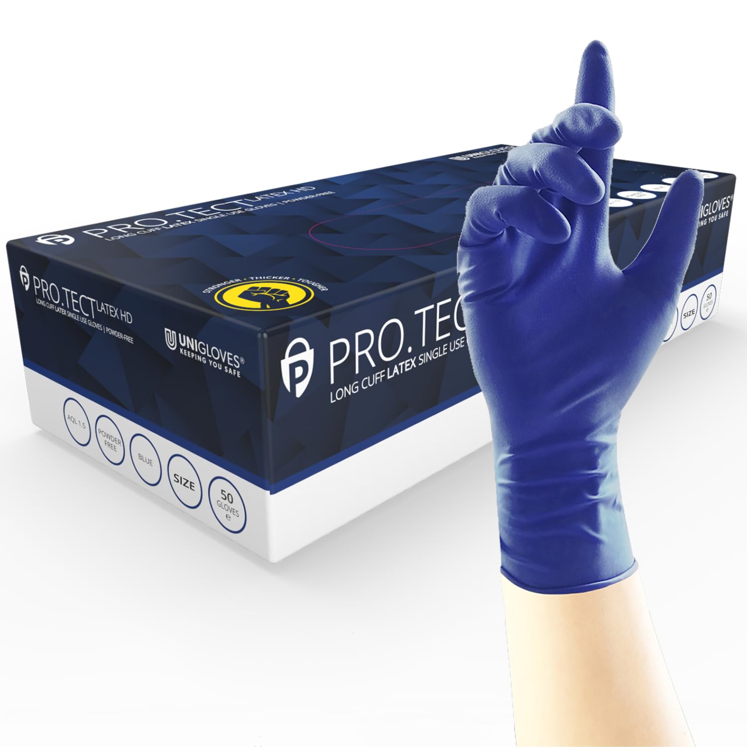 Unigloves PRO.TECT Latex HD GA0013 Single Use - Multipurpose, Powder Free Disposable Gloves, Box of 50 Gloves, Dark Blue, Medium