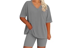 hlysgo Womens 2 Piece Sets Summer Outfits 2025 Two Piece Lounge Set Matching Clothing Oversized V Neck Tshirts Biker Shorts