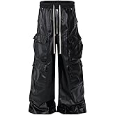JKUIVE Mens Wide Leg Matte Pu Leather Pants Straight Casual Baggy Pockets Drawstring Trousers