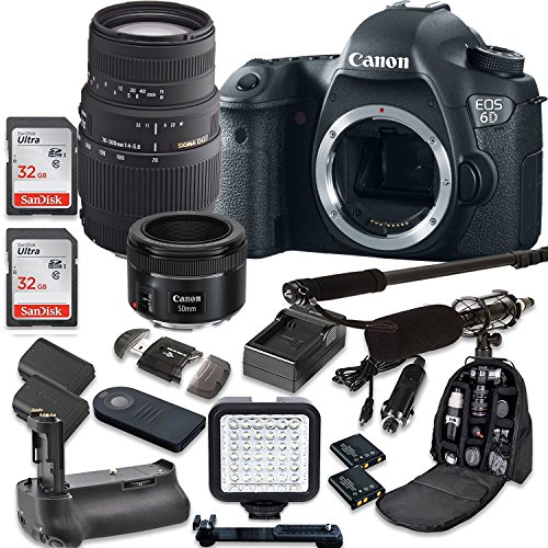 Canon EOS 6D 20.2 MP Full Frame CMOS DSLR Camera with EF 50mm F/1.8 STM Lens + Sigma 70-300mm Zoom Lens + 2pc SanDisk 32GB SD Cards + Battery Power Grip + Special Promotional Holiday Accessory Bundle