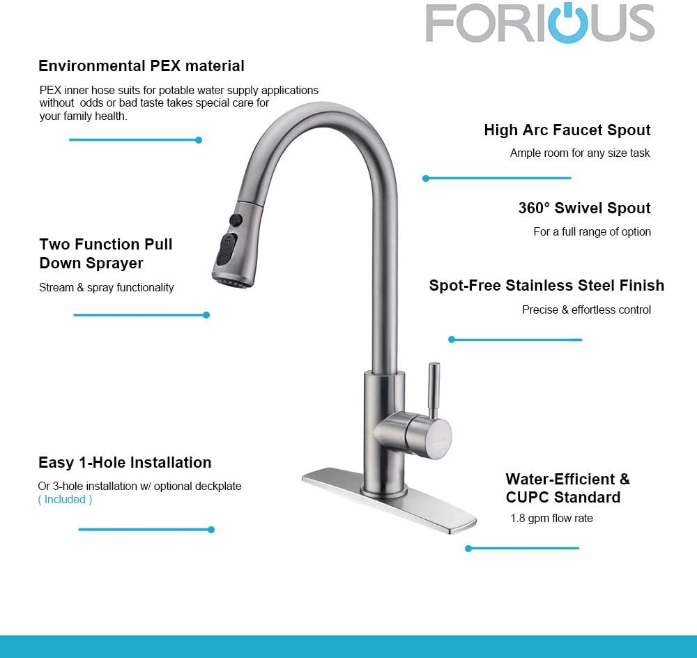 FORIOUS Kitchen Faucet with Pull Down Sprayer Brushed Nickel, High Arc Single Handle Kitchen Sink Faucet with Deck Plate, Commercial Modern rv Stainless Steel Kitchen Faucets, Grifos De Cocina - - 