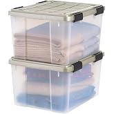 IRIS USA 2-Pack 44 Qt Storage Bins with Gasket Lids, Clear/Chrome | WeatherPro seal helps protect bulky items for moving, garage, attic and basement storage