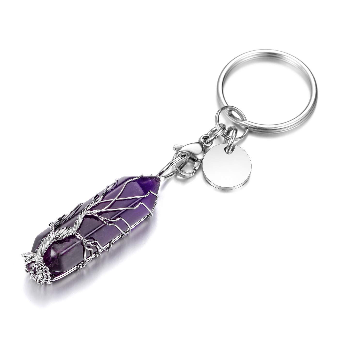 JSDDE Amethyst Healing Crystal Stone Keyring Silver Life Tree Wire Wrapped Hexagonal Crystal Points Pendant Keychain