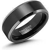 LerchPhi 8MM Black Tungsten Rings for Men, Polished Black Mens Rings with Silver Beveled Edge Mens Wedding Band