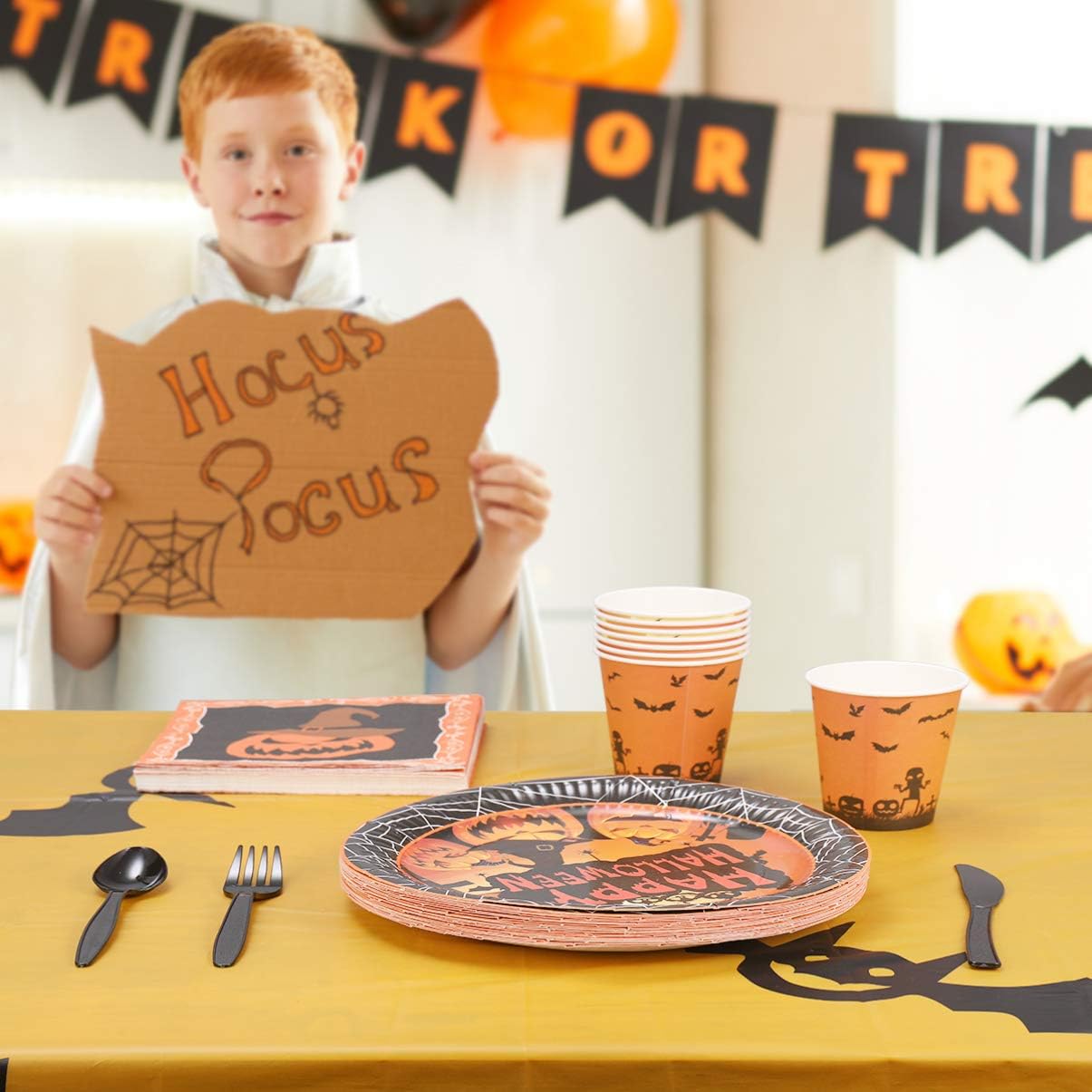 YARNOW Halloween Tableware and Decorations, 24 Guest - Pumpkin Pattern Halloween Plates, Party Cups, Napkins, Tablecloths, Serving Trays, Knives, Forks, Spoons (Orange): Kitchen & Dining