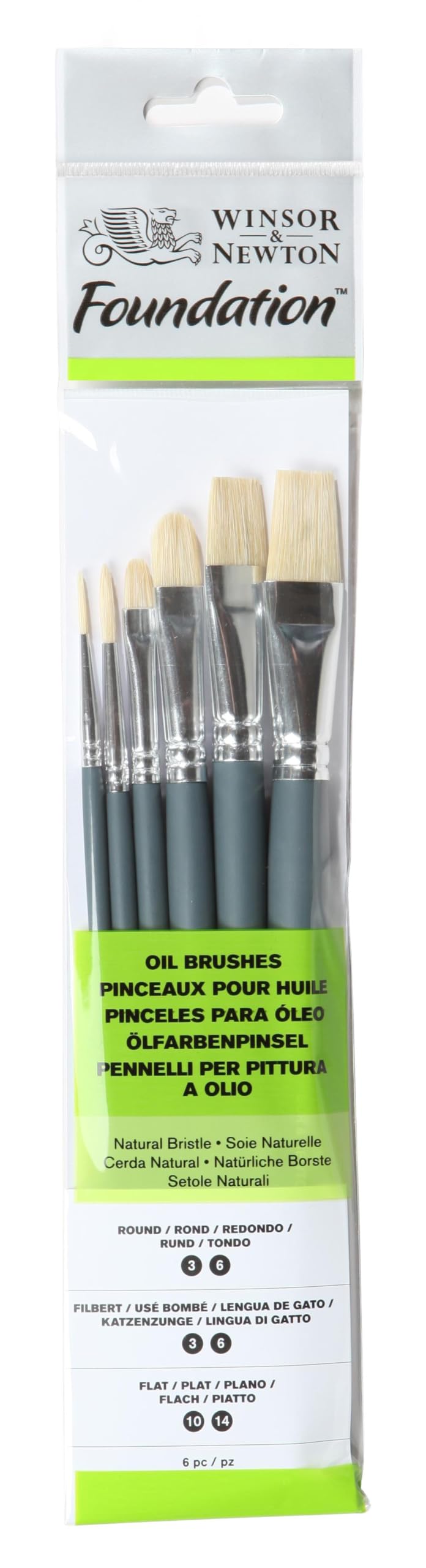 Photo 1 of Winsor & Newton Foundation Oil Hog Brush Set, Short Handle, Round Filbert & Flat, 6 Pack
