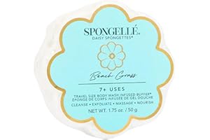 SPONGELLÉ Spongelle Beach Grass Spongette Loofah Body Scrubber | Bath & Shower Loofah for Women | Body Scrubber Exfoliator with Body Wash Infused Sponge | 5+ uses | Crisp Marine, Green Tea & White Amber