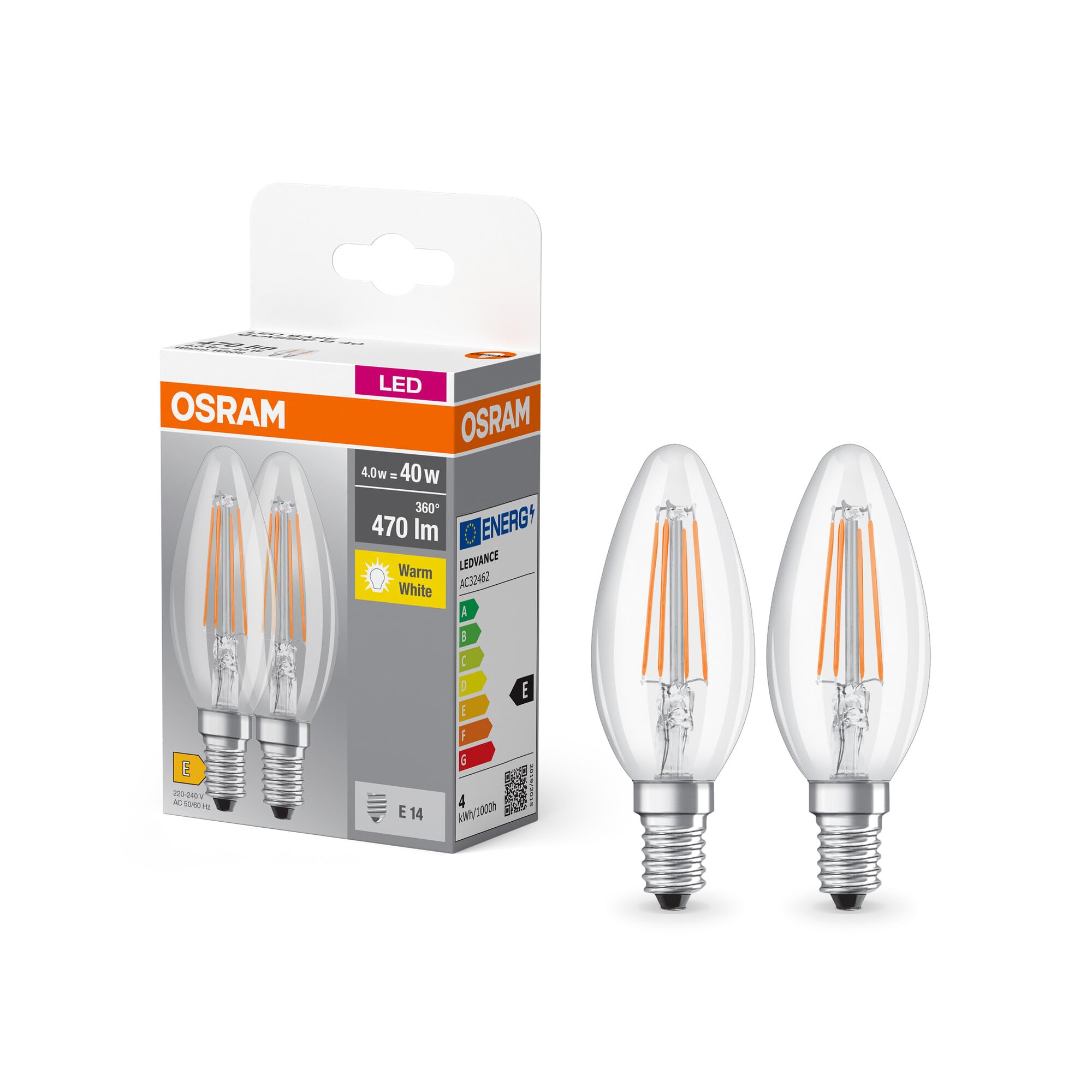 Osram BASE CLASSIC B FIL 40 LED-Lampe mit Sockel E14, Minikerzenform, Doppelpack, 4W, 470lm, 2700K, warmweißes Licht, geringe Wärmeentwicklung, lange Lebensdauer, geringer Energieverbrauch