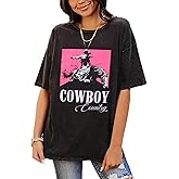 Cowboy Shirts for Women Western Vintage Rodeo T-Shirt Retro Bull Skull Graphic Tees Summer Casual Short Sleeve Tops