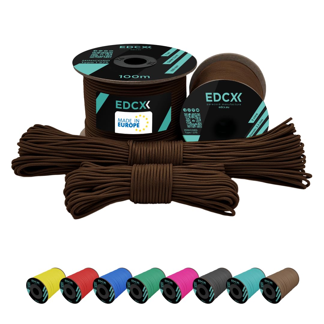 EdcX 2 mm Nylon Paracord 275 (15, 30, 50 and 100 m)– 100% Nylon rope, 3-Strand cord, Nylon cord 2 mm in Many Colours (Chocolate, 100 m)