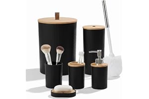 CJC 6pcs Round Bathroom Accessories Set - Matte Black Bamboo Bath Accessories Set with Toilet Brush, Trash Can, Soap Dispense