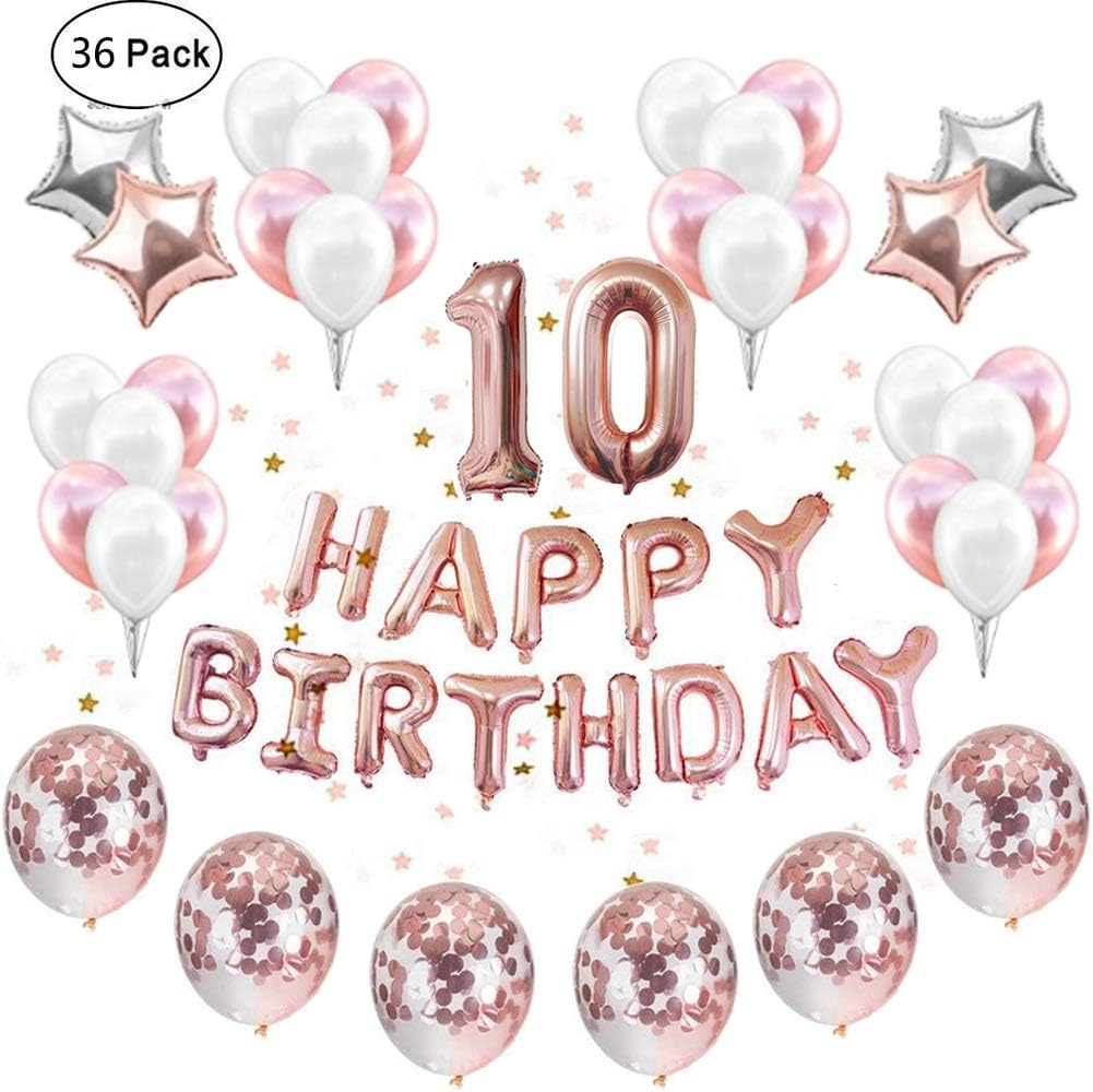 IEONGI Rose Gold 10th Birthday Party Balloons Decoration, Confetti Birthday Decor Party Supplies Kit HAPPY BIRTHDAY Banner Confetti Balloons Set Star Mylar Cute for Bithday Party 10
