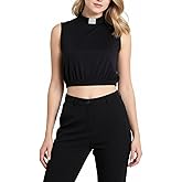 Women's Sleeveless Tab Collar Clergy Cropped Shirt - Elastic Waist & Keyhole Back Pastor Top with Removable White Tabs