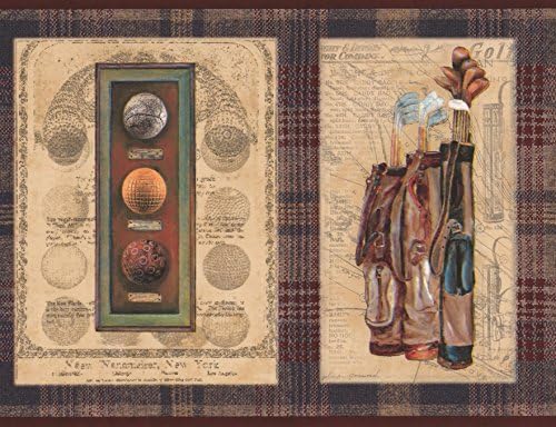 Vintage Golf Memorabillia Cups Balls Clubs Plaques Sports Light Brown Wallpaper Border Retro Design, Roll 15' x 7''