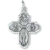 Bulk Pack of 5 Pieces, Five Way Cross 1 1/8" Medal Silver Oxidized with Jesus, Catholic Saints, and the Medal of Our Lady of Grace Mary Catholic Medal and Cross Necklace Pendant