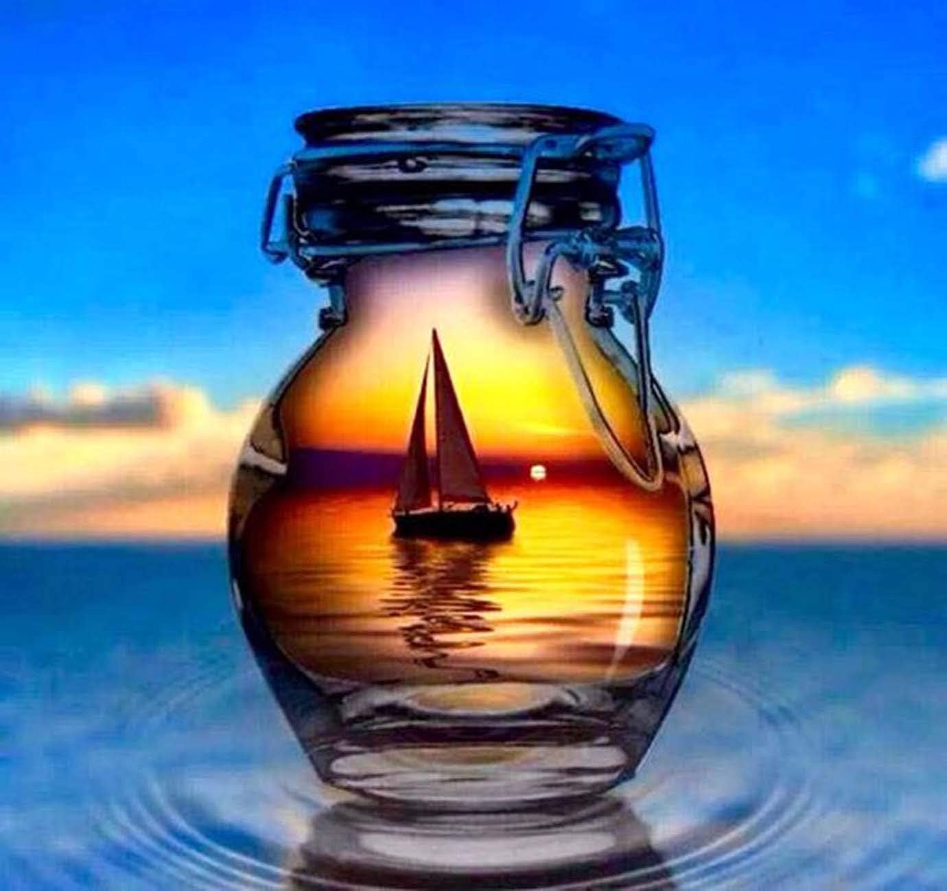 DIY 5D Diamond Painting by Number Kits, Diymood Painting Landscape in The Bottle Sunset Boat Paint with Diamonds Arts Full Drill Canvas Picture for Home Wall Decor 35x35cm(14x14inch)