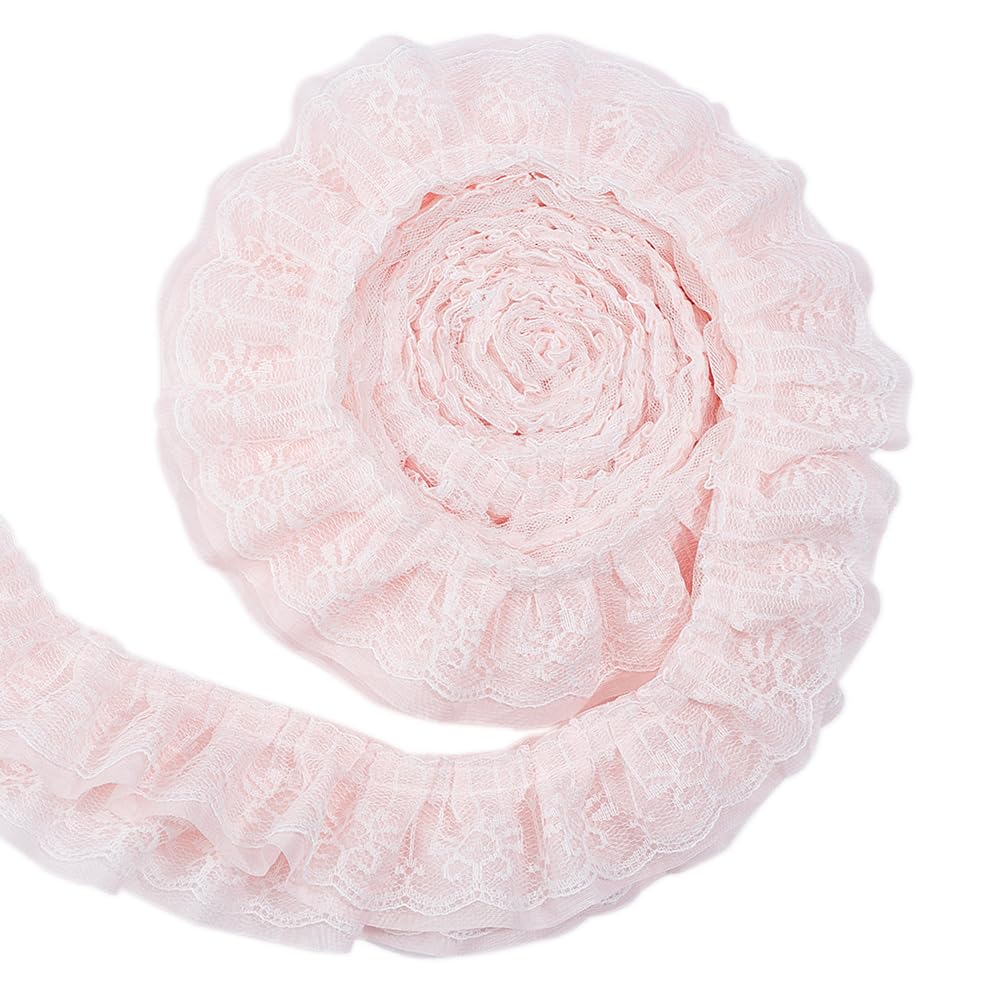 BENECREAT 2.5 Yards 3-Layer Ruffle Lace Pleated Trim, 92mm Wide Chiffon Flower Trim Gathered Ribbon for Wedding Applique Clothing Sewing Craft DIY Decor, Pink