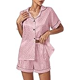 Vrtige Women's Silk Satin Pajamas Leopard Print Button Down Short Sleeve and Shorts Pj Sets