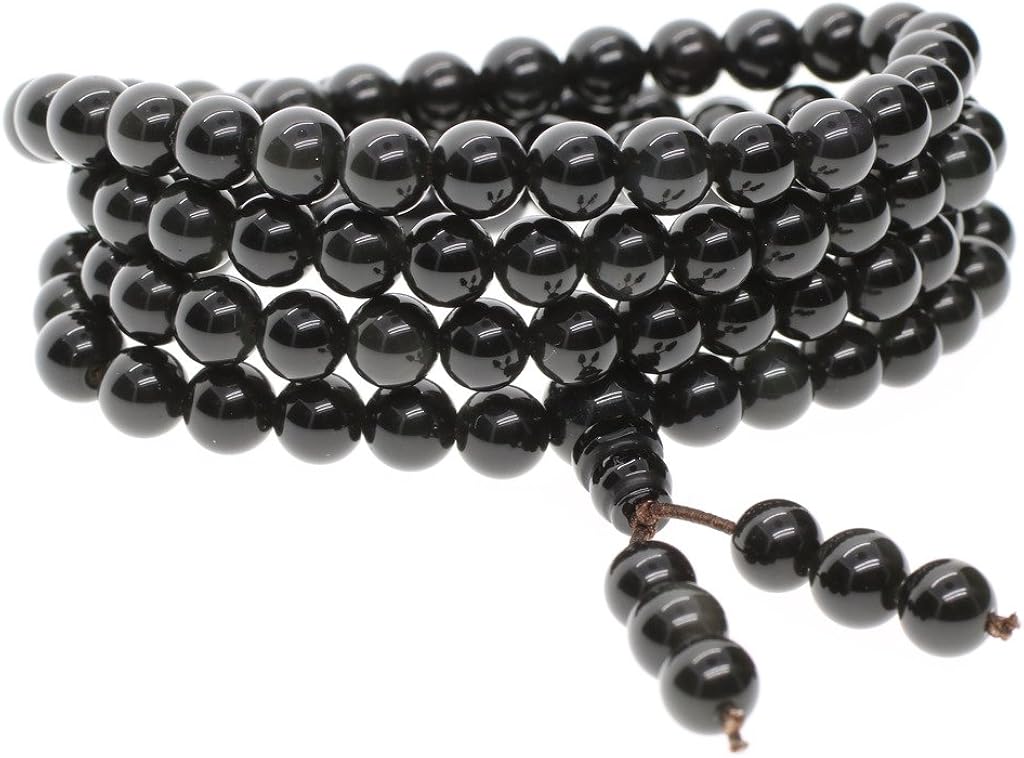 coai 108 Beads Rainbow Eye Obsidian Bead Meditation Mala Bracelet Necklace 8mm, black