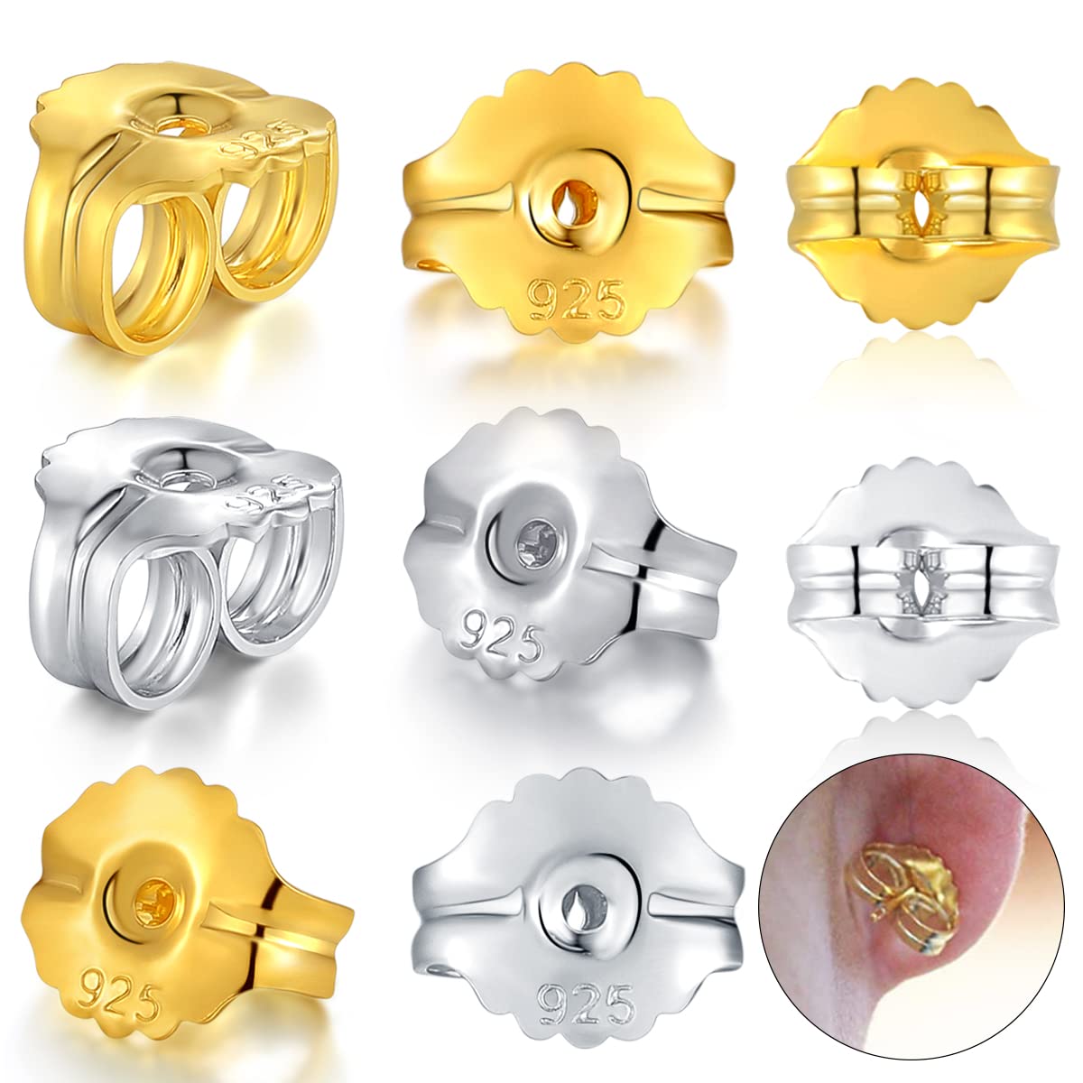 Sterling Silver 925 Sterling Silver 18K Gold Plated Hypoallergenic Earrings with Secure Clasp for Earrings, 7 x 8 mm, Silver and Gold), 7x8mm/0.28x0.32 inch, Sterling Silver, 7x8mm/0.28x0.32 inch, Sterling Silver