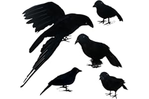 NEROSUN 5 Pack Halloween Black Feathered Crows, Realistic Feathered Black Birds Raven, Halloween Decoration for Indoor Outdoor Home Yard Garden Party Decor