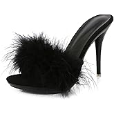 XHOGNLS Women's Feather Stiletto Prom Sandals Sexy Round Toe Fluffy Fur Feather Super High Heels Slip On Party Mules Fluff Slides For Evening Wedding Dress