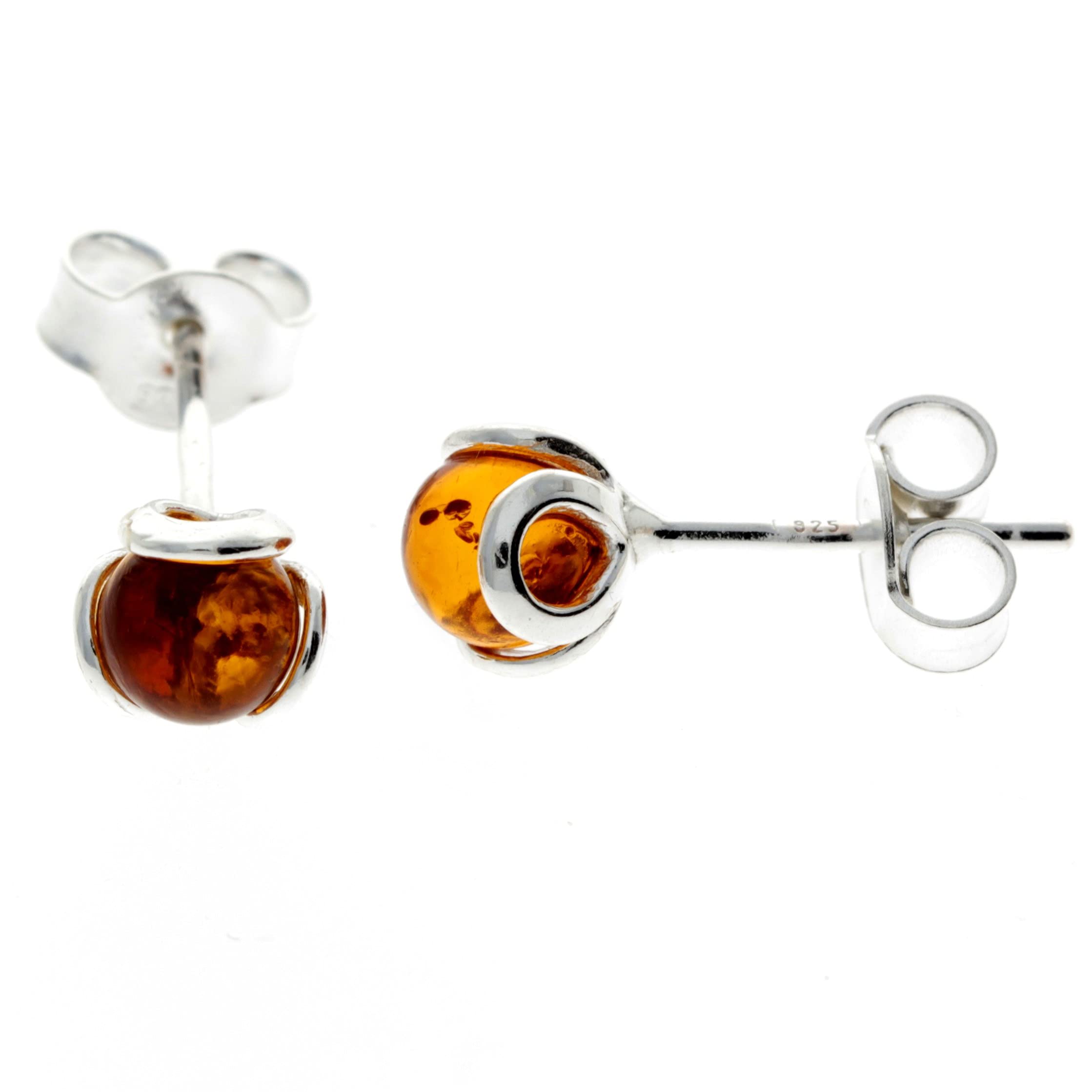Baltic Cognac Amber Sterling Silver Small Stud Ball Art Deco Earrings