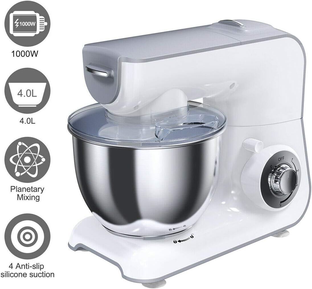 Food Stand Mixer, 1000W Kitchen Electric Mixers, Food Mixer Dough Maker 5 Speed Settings - with 4L Stainless Steel Mixing Bowl, Beater, Hook, Whisk
