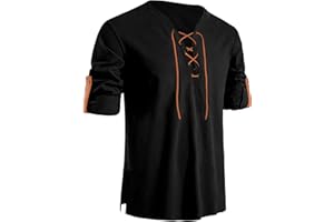 CTU Men's Pure Cotton Shirt Retro Lace Up V-Neck Button Arm Shirts Medieval Viking Pirate Renaissance Costume