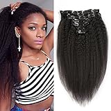 Kinky Straight Clip In Hair Extensions For Black Women 7pcs/set Coarse Yaki Clip In Human Hair Extension Double Weft Natural Hair Kinky Straight Clip Ins (16Inch-70gram,Natural Color)
