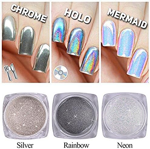 QIMYAR Nail Glitter Neon Chrome Powder Holo Silver Mirror Pigment 3D DIY Laser Rainbow Shiny Dust 3 Bottle
