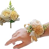 LebriTamFa Rose Flower Wrist Corsage Boutonniere Set Handmade Artificial Corsage Set Bride Hand Flower Men Boutonniere for Wedding Party Prom Decorations, Set of 2PCS (Champagne)