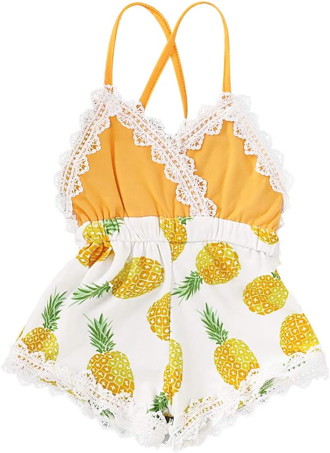 Summer Toddler Baby Girl Clothes Cute Fruit Flower Print Lace Trim Backless Romper Shorts Jumpsuit