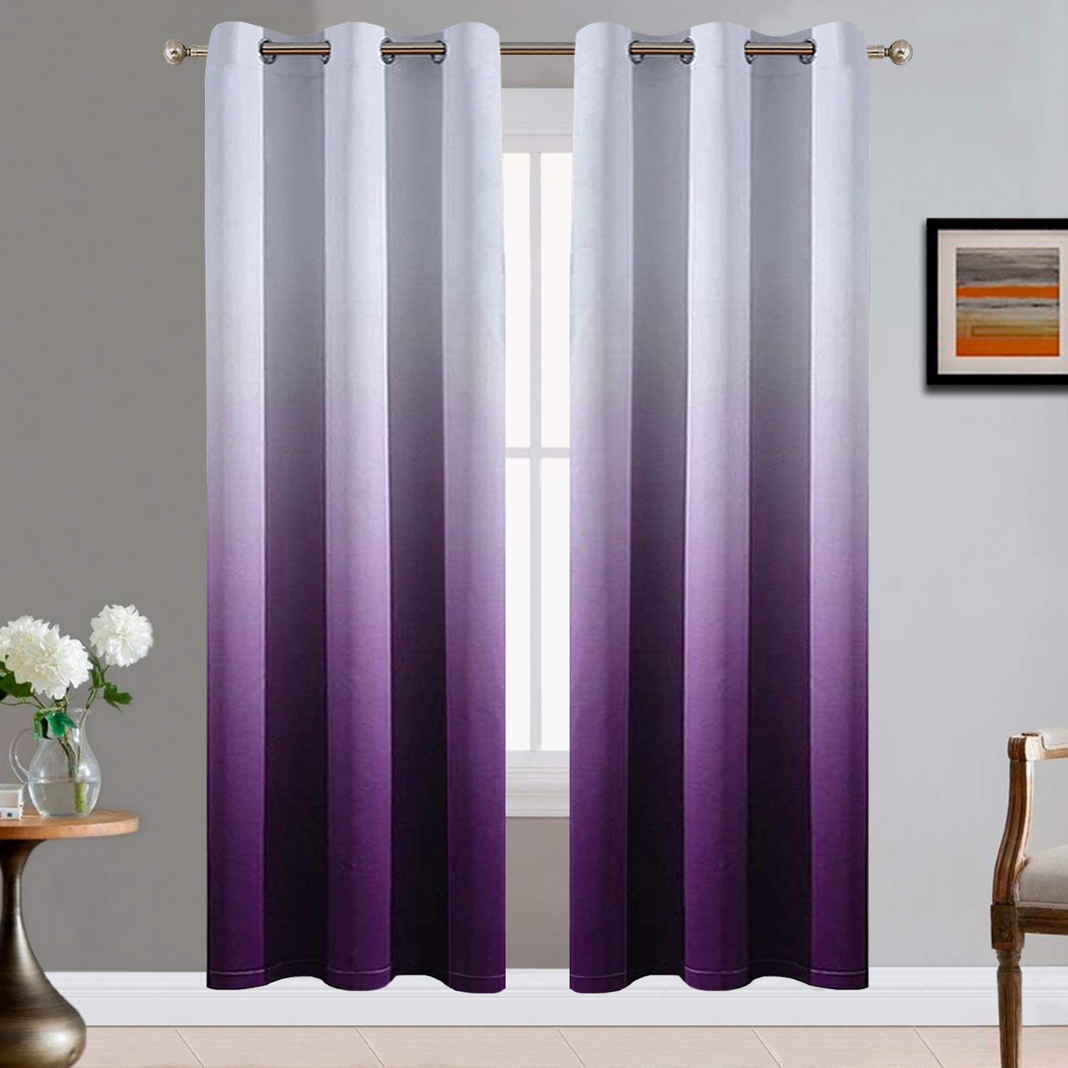 Yakamok Light Blocking Gradient Color Curtains, Room Darkening Purple Ombre Blackout Curtains, Thermal Insulated Grommet Window Drapes for Living Room/Bedroom (2 Panels, 42x72 Inch)