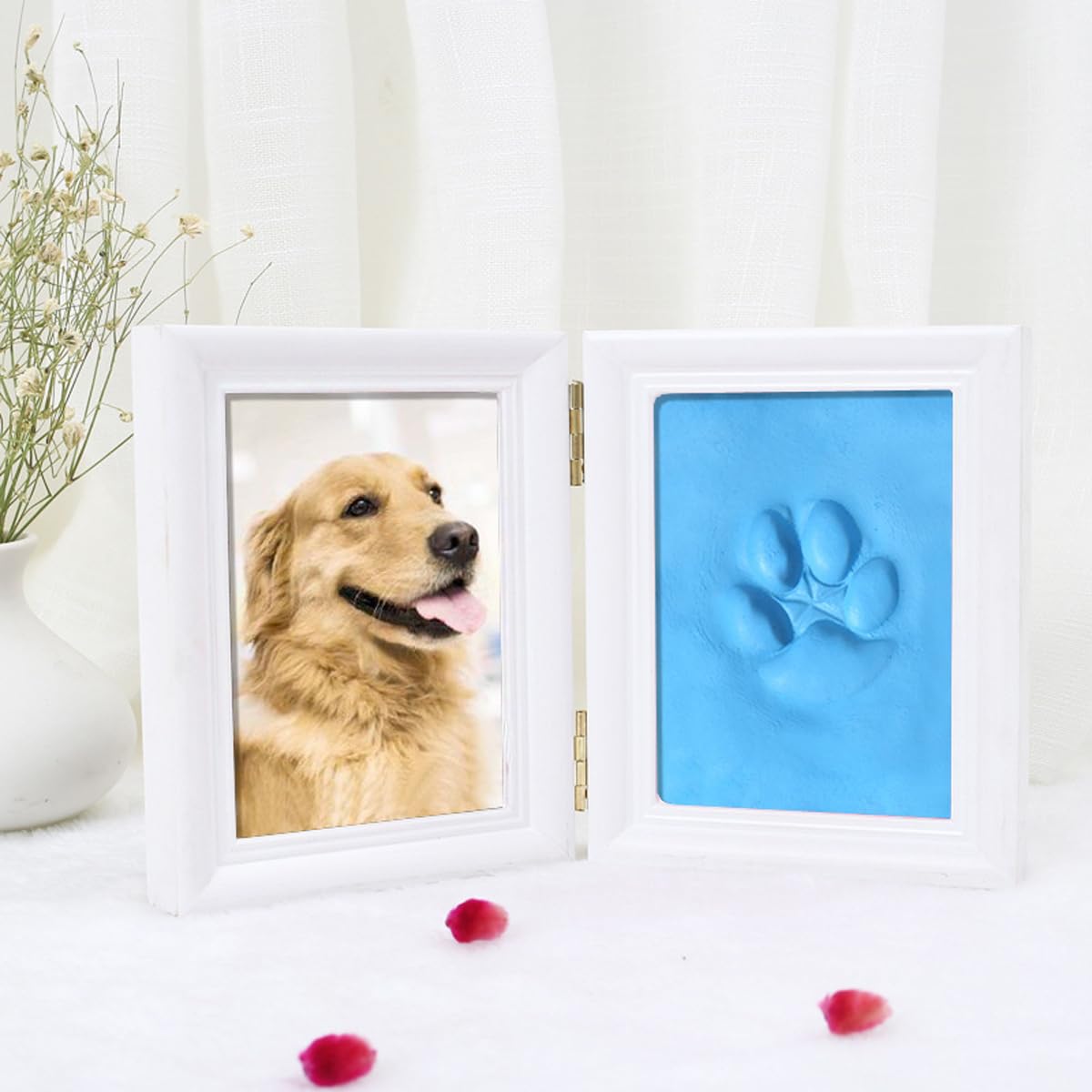 Tiardey Dog and Cat Paw Print Set,Wooden Photo Frame,3D Plaster Cast - Keepsake Box,Pet Pawprints Photo Frame and Impression Set,Wall Decor