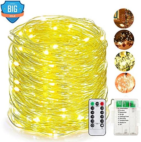 LED String Lights Fairy Light Waterproof Battery Remote Control Dimmable 100 LEDs Bulbs for Outdoor Garden Patio Party Wedding Christmas Indoor Bedroom Copper Wire Lights Warm White ITTAHO