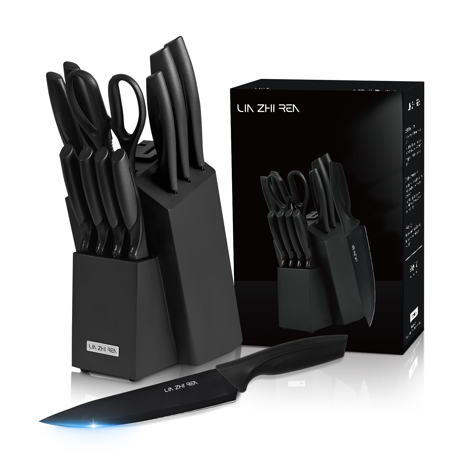 Photo 1 of Kitchen Knife Set with block and Sharpener, 13 Pieces German Stainless Steel Knife Block Set for Chopping, Professional Chef Knife, Lightweight, Black Anti-slip Handle, Dishwasher Safe