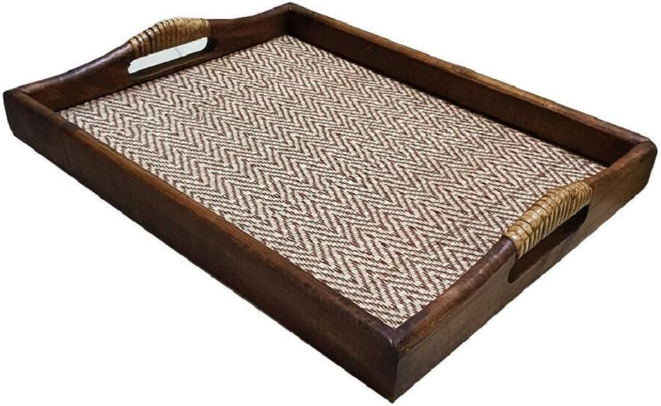 Wooden Serving Tray 10"x14" Coffee Tea Tray Woven Mat Design Dessert Serveware