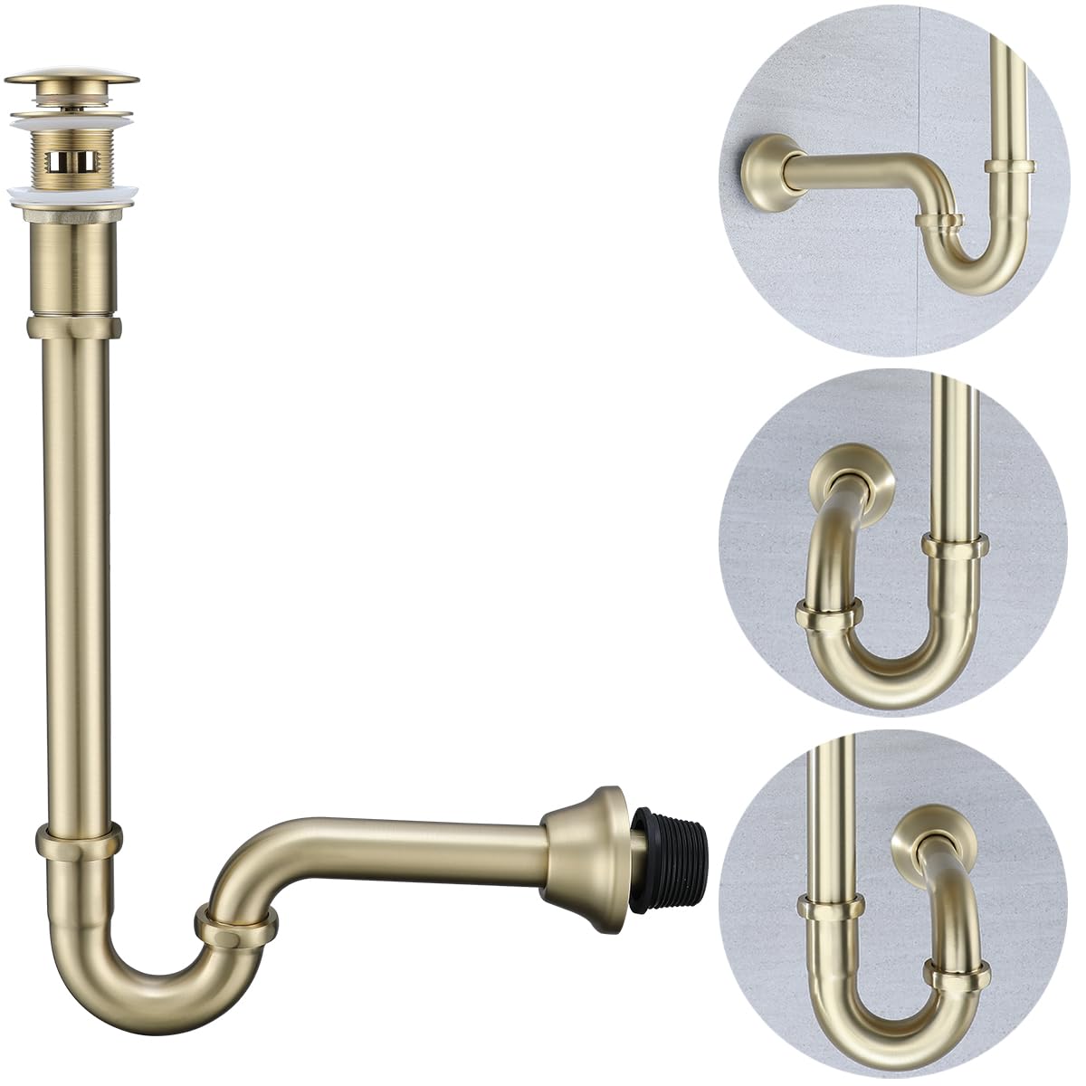 Photo 1 of RANDOM Brass P Trap with Bathroom Sink Stopper Kit With Overflow,Brushed Gold U-Shape 1-1/4 inch Sink Trap with 11.6? Slip Joint Extension Tube,Adjustable Height Sink Waste Drain Bottle P-Trap Kit