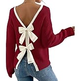 utcoco Women's Backless Bow Knit Sweater Long Sleeve Contrast Trim Crew Neck Loose Pullover Top for Fall & Winter